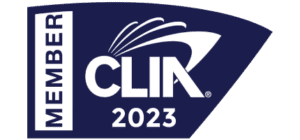 A blue and white logo for clix 2 0 2 3