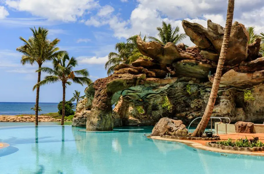 A pool with palm trees and rocks in the background.